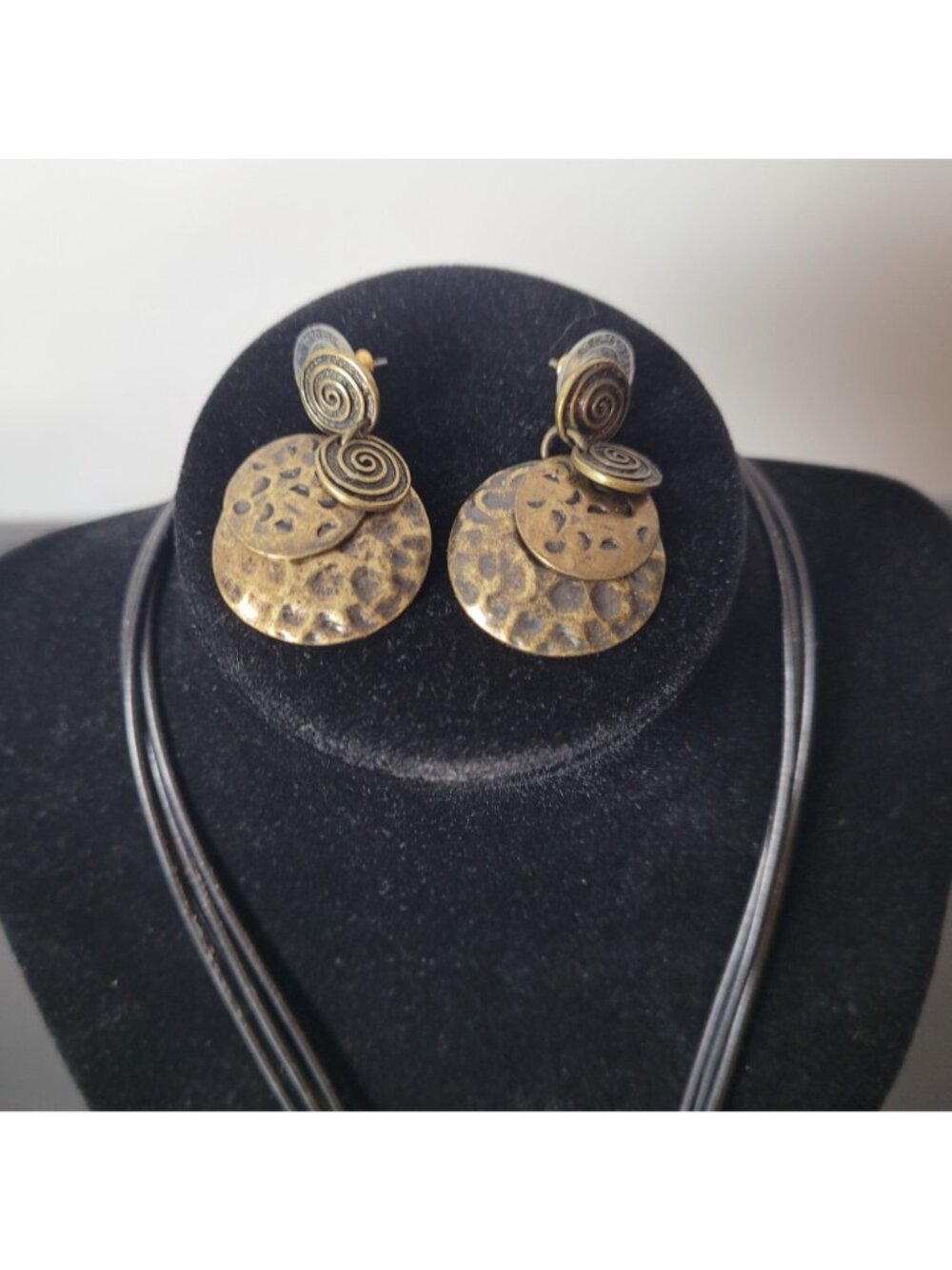 Brass Spiral Pendant Necklace Earrings Multi-strand Cord Bohemian Ethnic Artisan - Picture 5 of 11